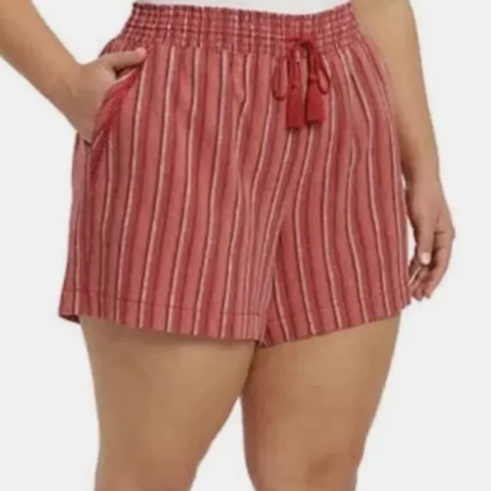 Briggs Ladies Linen Blend Shorts Red Stripe XXL Stretch Waistband Pockets NEW